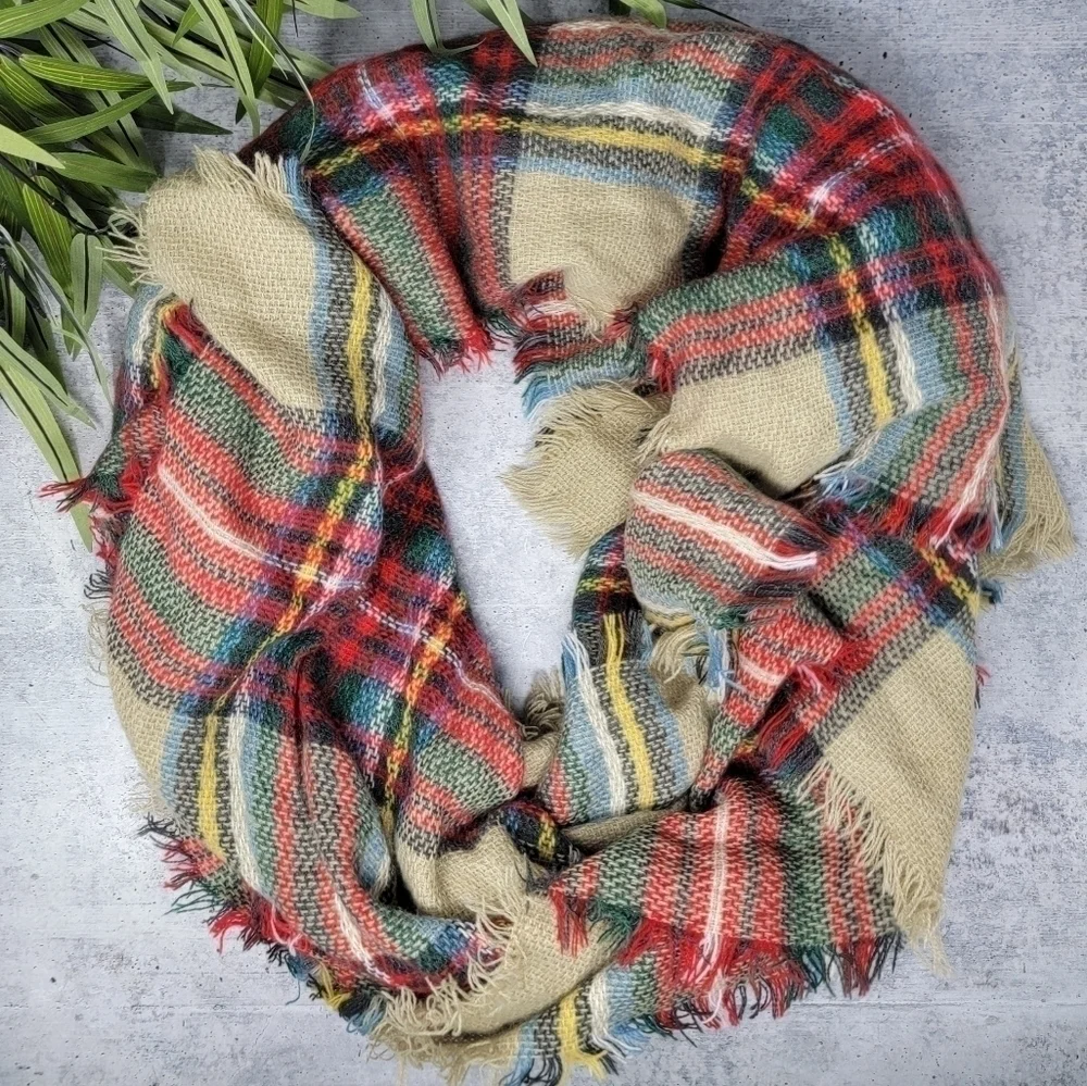 Red Yellow Tan Plaid Blanket Scarf With Fringe Casual Cozy Comfy